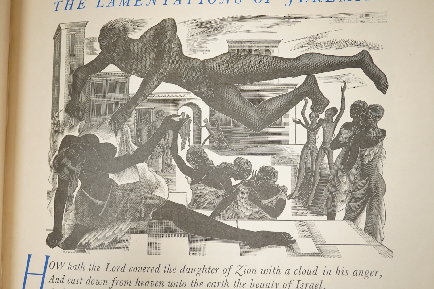The Gregynog Press - The Lamentations of Jeremiah. Limited Edition (of 250 numbered copies). calligraphic title printed in blue and black (and blue printing elsewhere), 21 wood engraved illus. (5 full page) by Blair Hugh